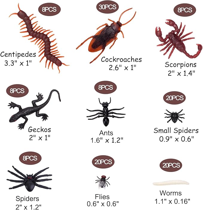 130 PCS Realistic Plastic Bugs Trick Toys, 9 Types Prank Fake Insects Cockroaches Spiders Centipedes Scorpions for Halloween Party Fools' Day Decorations
