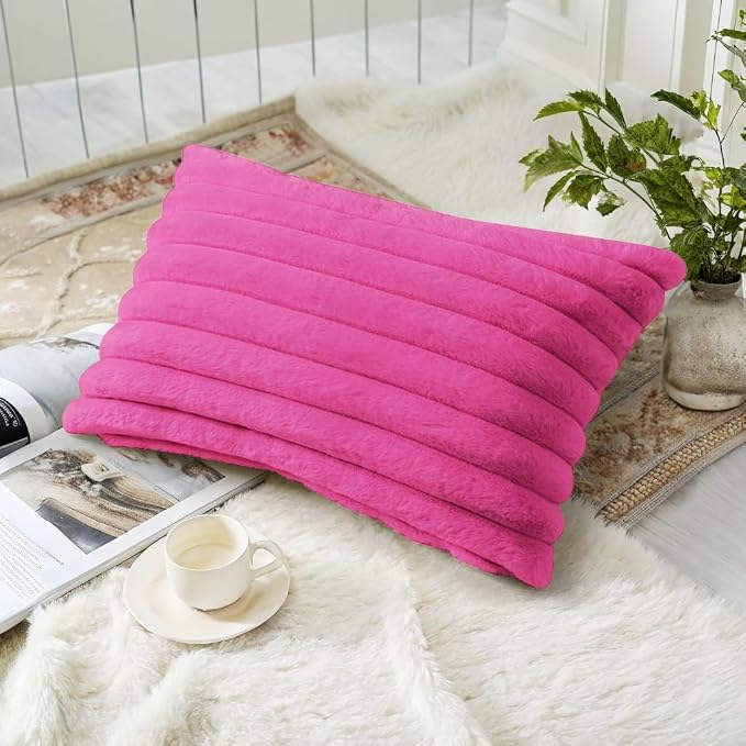 decorUhome Fall Faux Fur Throw Pillow Covers 12x20 Set of 2 Hot Pink | Decorative Soft Cozy Striped Plush Modern Farmhouse Boho Couch Pillow Cases Velvet Back for Sofa Bed Living Room Home Decor
