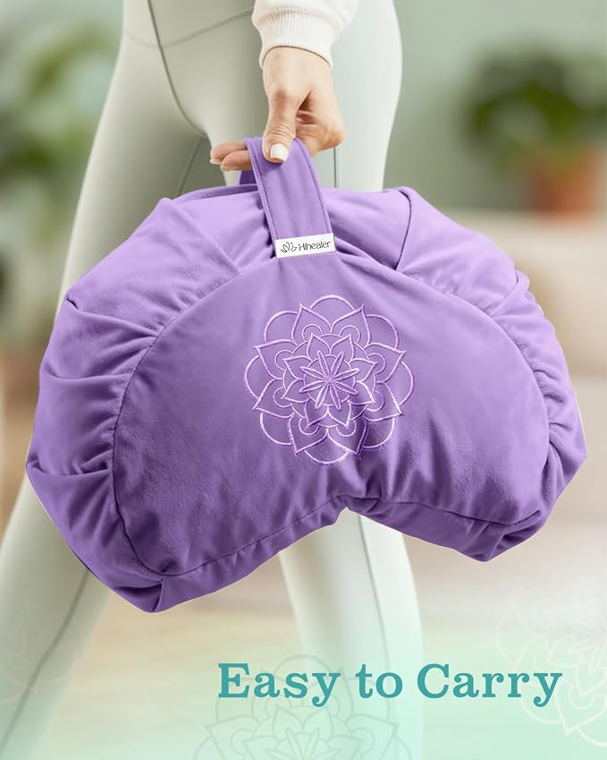 Hihealer Premium Crescent Meditation Cushion, Ergonomic Buckwheat Hull Floor Pillow for Adults, Comfortable Yoga Bolster for Meditation & Floor Sitting (Purple)