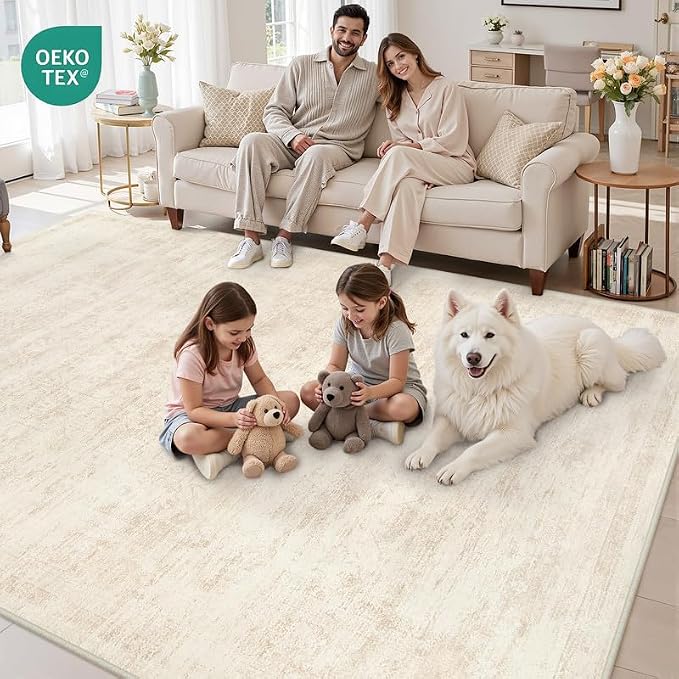 3x5 Area Rugs for Living Room: Vintage Boho Neutral Washable Rug Indoor Soft Large Area Rug Carpet for Bedroom Nursery Farmhouse Dining Room Office Floor Non-Slip Low Pile Under Table Rug Retro Beige