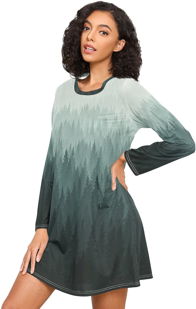 ALAZA Long Sleeve Nightgowns for Women Green Forest Tree Moo Moos Sleep Shirts Moomoo House Dresses Nightshirt Sleepwear