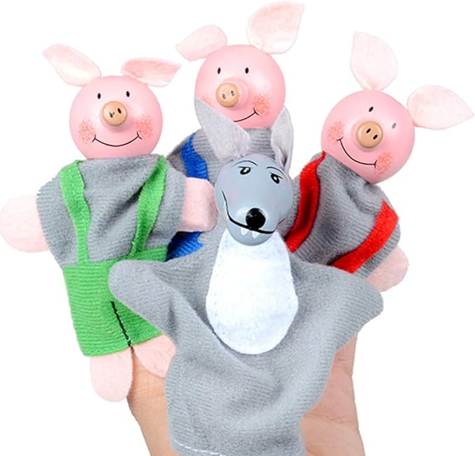 3 Little Pigs & Big Bad Wolf Finger Puppets, 4Pcs Educational Storytelling Finger Puppets Toy for Kids, Preschool & Party Favors