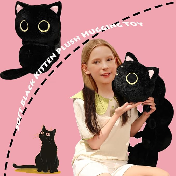 ELAINREN Furry Black Kitten Stuffed Toy Ultra-Soft Cat Big Plush Hugging Pillow Cuddle Kitty Plushie Cushion Decor Gifts/31.5''