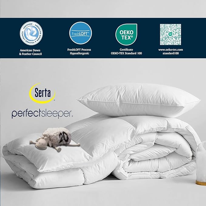 Serta Goose Feather Down Fiber Cotton Comforter King Size - 100% Cotton Duvet Insert - Hotel Luxury Hypoallergenic Bedding Comforter Extra Warmth 106 x 90 Inch White