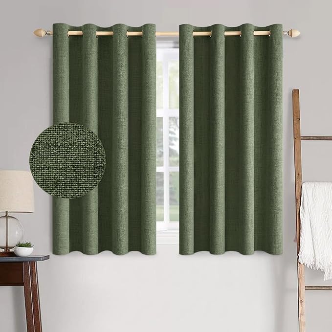 MIULEE 100% Blackout Linen Textured Curtains for Bedroom Solid Thermal Insulated Olive Green Grommet Room Darkening Curtains & Drapes Luxury Decor for Living Room 52 x 63 Inch (2 Panels)