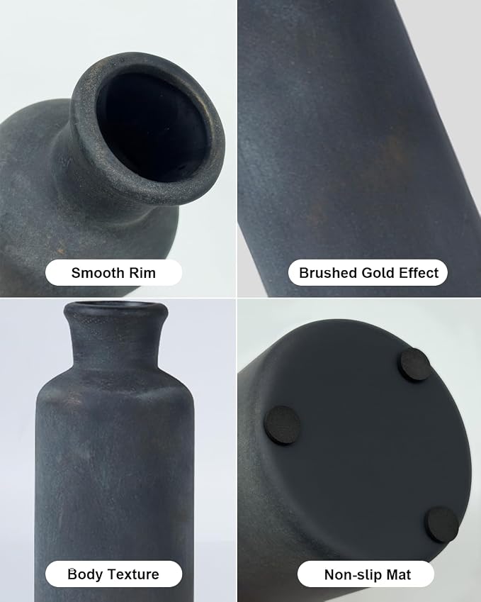 Black Ceramic Vase Set of 3, Vintage Brushed Gold Effect for Home Decor | Matte rustic flower vases for living rooms, dining tables, mantels and centerpieces