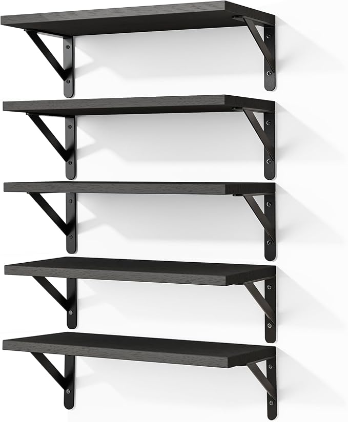 Fixwal Floating Shelves for Wall, Wood Wall Mounted Shelves for Bedroom, Bathroom, Living Room, Kitchen Storage and Decor(Black, Set of 5, 16.5 Inch)