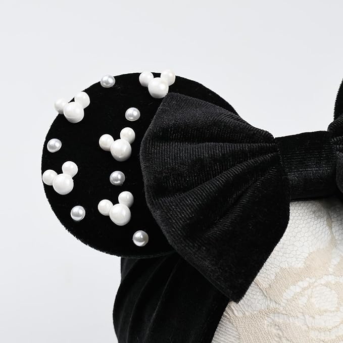 JIAHANG Black Velvet Mouse Ears Turban Headwrap with Beads, Wide Velour Hair Bow Hairband for Unisex Baby, Infants, Toddler, Kids, Newborns