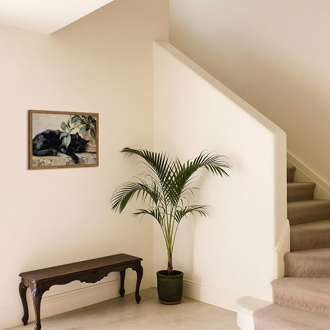 Framed Black Cat Canvas Wall Art, Vintage Sleeping Cat with Plant Picture Wall Decor Paintings, Cute Animal Poster Prints Rustic Aesthetic Home Decor for Living room Bedroom Bathroom 16x24 inch