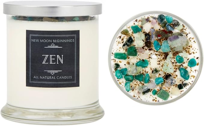 Zen Crystal Candle by NEW MOON BEGINNINGS - All Natural Aromatherapy Candle - 100% Soy Candle - Citrus, Cedarwood, Patchouli - Meditation Candle - 12 oz. Glass Jar with lid