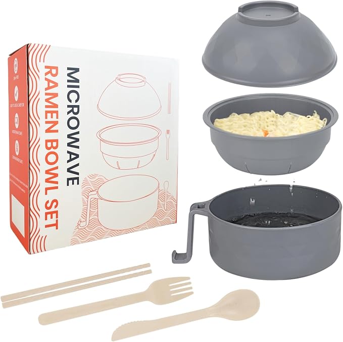 Microwave Ramen Cooker,Ramen Bowl With Chopsticks and Spoon,For Office College Dorm Room Essentials Instant Lunch Ideal for Shin and Buldak Noodle On The Go, Dishwasher-Safe,BPA-Free. (gray)