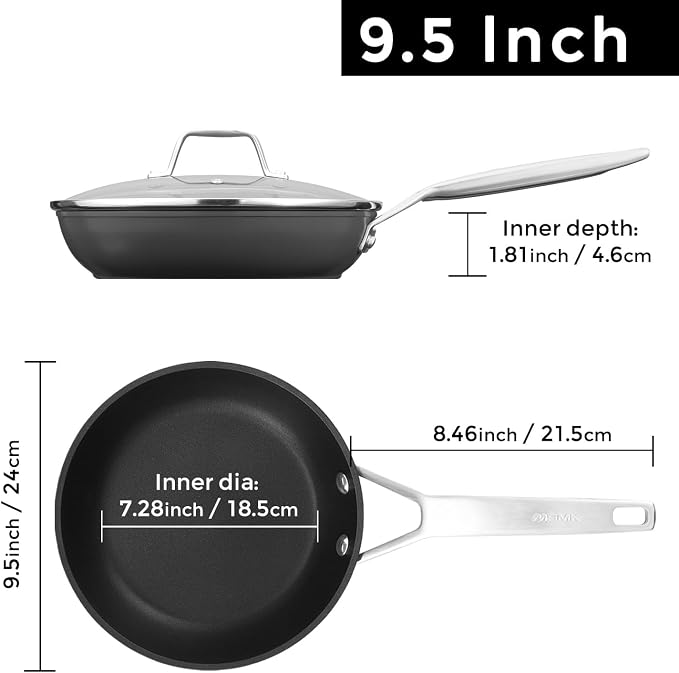 MsMk 9.5 Inch Nonstick Frying pan with Lid, Grey Cooking Pan Skillet | Non Toxic, Even Heating, Easy Clean, Dishwasher & Oven Safe, suitable for gas & electric & induction stoves, PFOA & PFAS Free