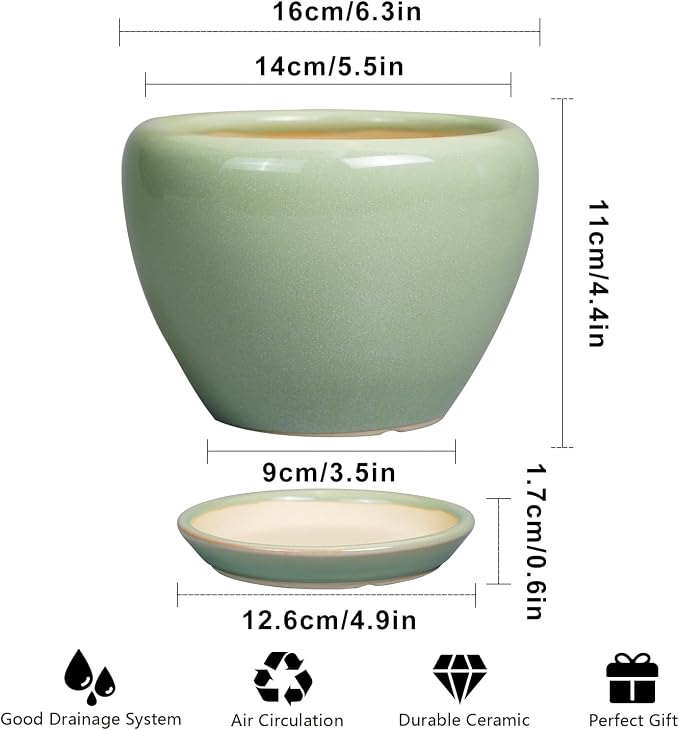 Ceramicfor 6 Inch Plant Pot - Ceramic Planter for Indoor Plants Round Planter Outdoor Plant Pot with Drainage Hole and Saucer Modern Flower Pot for Succulent Garden Green
