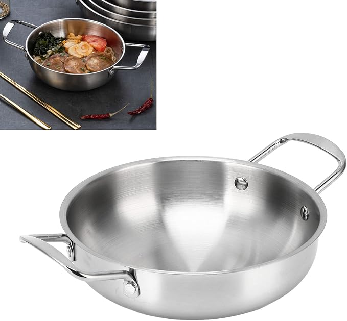 Binaural Korean Ramen Pot - Stainless Steel Noodle Cooker for Spaghetti, Soup, Porridge, Seafood - Evenly Heating, Reusable (20cm, Silver)