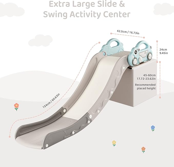 Indoor Kids Baby Couch Slide for Toddler 1-3, Sofa Slide Add-on Attachment for Bed Nugget Playgrounds, with Secure Base Guardrail, Gentle Slope Extended Buffer Zone, Fun Car Design, Blue
