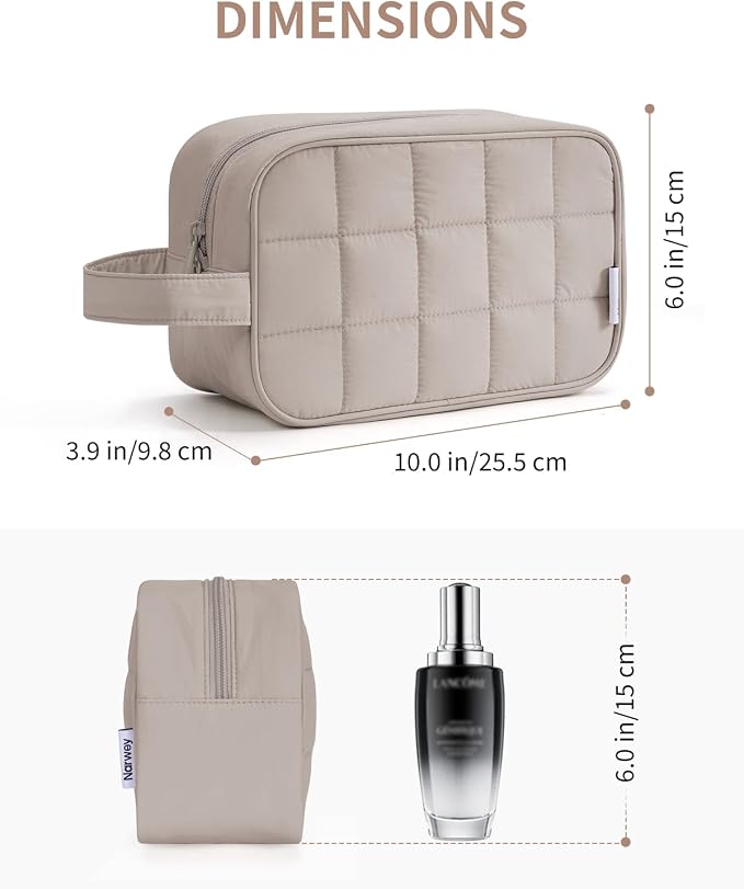 Narwey Quilted Makeup Bag Puffy Make up Bag Cosmetic Bag Organizer, Puffer Travel Toiletry Bag for Traveling Women Girl, Travel Bag for Toiletries, Skincare Medicine Bags (Khaki)