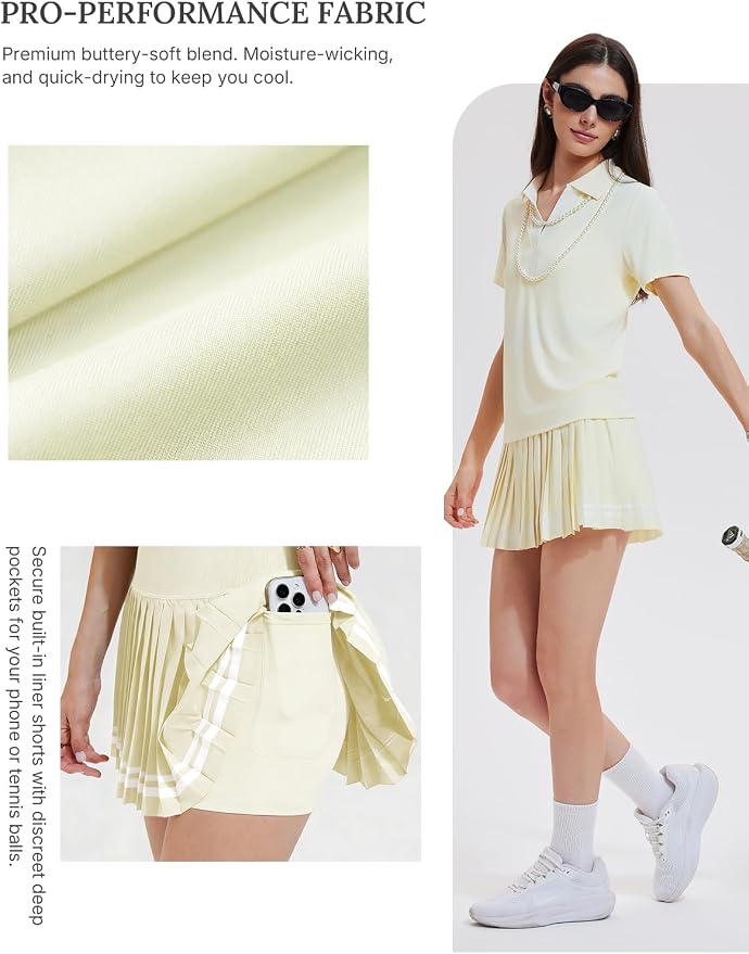 Women 2 Piece Tennis Skirt Set Pleated Golf Outfit, Polo V-Neck Athletic Dress Alternative Skort Set for Pickleball Pockets