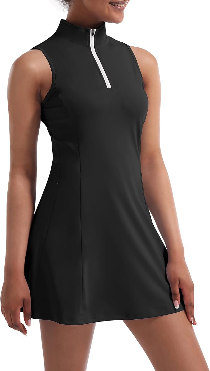 Tennis Dress for Women, Golf Dress with Shorts and Pockets Athletic Dress | Sleeveless Collared Half-Zipper Workout Sport Dress, Stretch Moisture Wicking Fabric, Tennis Golf Outfits