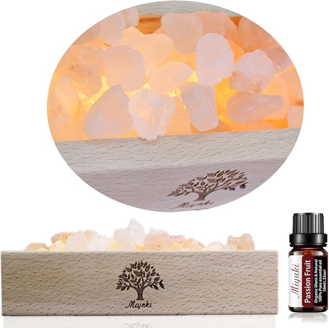 Himalayan Pink Salt Lamp Diffuser with Wood Base - 300g Natural Salt, USB Powered, Warm Light & 10ml Passion Fruit Essential Oil Set for Aroma, Relaxation, Meditation, Home Decor, Gifts