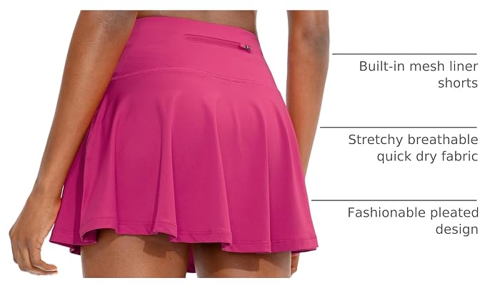 Pleated Tennis Skirt with 4 Pockets | 14", 3.5" High Waisted, Soft, Lightweight, Mesh Built-in Shorts, Dressy, Casual, Athletic, Golf, Skort for Women