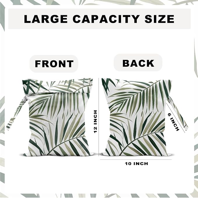 Wet Dry Bag 12x10 Inch, Wet Bag for Swimsuit, Travel, Beach, Pool, Diapers, Dirty Yoga Gym Clothes, Makeup Bags, Waterproof Tropical Palm Leaves Decor Jungle Palm Leaf Favors, Washable Reusable