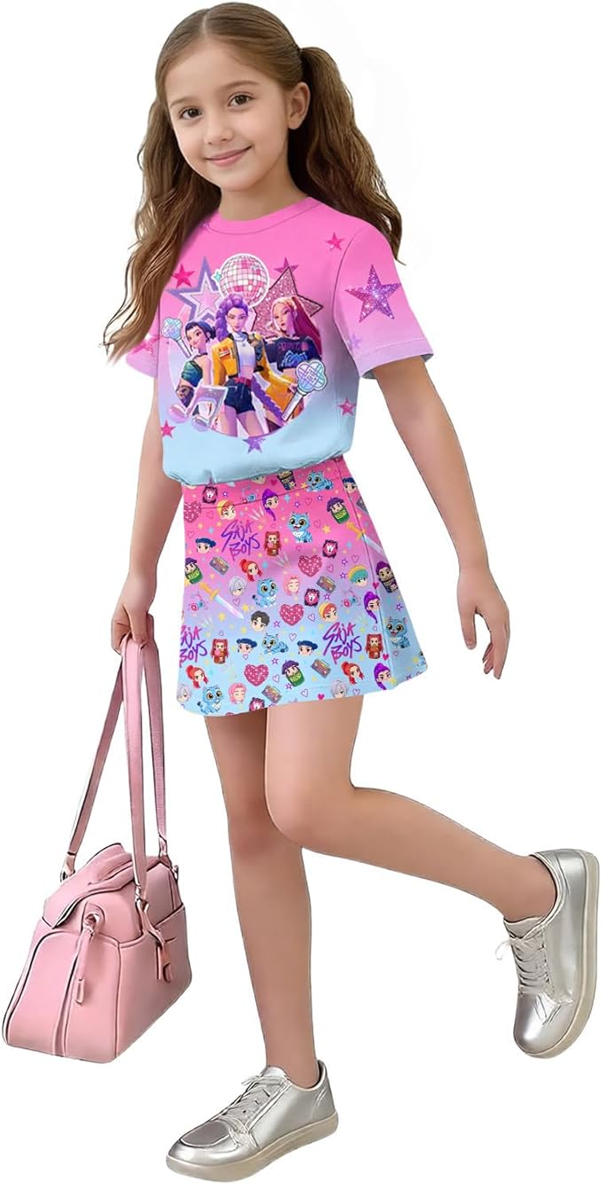 HTHLVMD K Pop Short Sleeve T-Shirt and Skirts Outfits Set for Girls Hunters Rumi Mira Zoey Graphic Tees De-Mon Costume