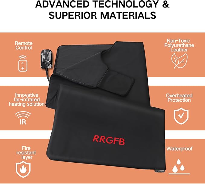 Infrared Sauna Blanket, Durable PU Leather Cover Detox & Relaxation at Home Adjustable Timer, Size 6 ft x 2.6 ft(Black)