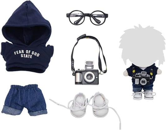17cm Dolls Clothes 5 Pcs Set Plush Doll Outfits Hoodie Pants Camera Glasses Shoes Clothing Accessories Set No Doll