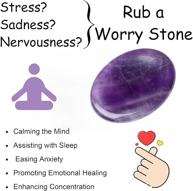 Thumb Worry Stone Amethyst Crystal Rock Crystals and Healing Stones Oval Natural Fidget Meditation Accessories Gemstones Trinkets Pocket Stress Relief Gifts Anxiety Relief Items for Women Men