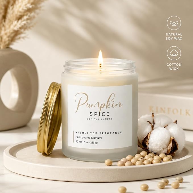 Pumpkin Spice Scented Candles for Home - 15% Essential Oil Luxury Aromatherapy - Handmade Natural Soy Wax Candle for Women Men Relaxation - 9oz Frosted White Jar,50H Clean & Non-Toxic Burn