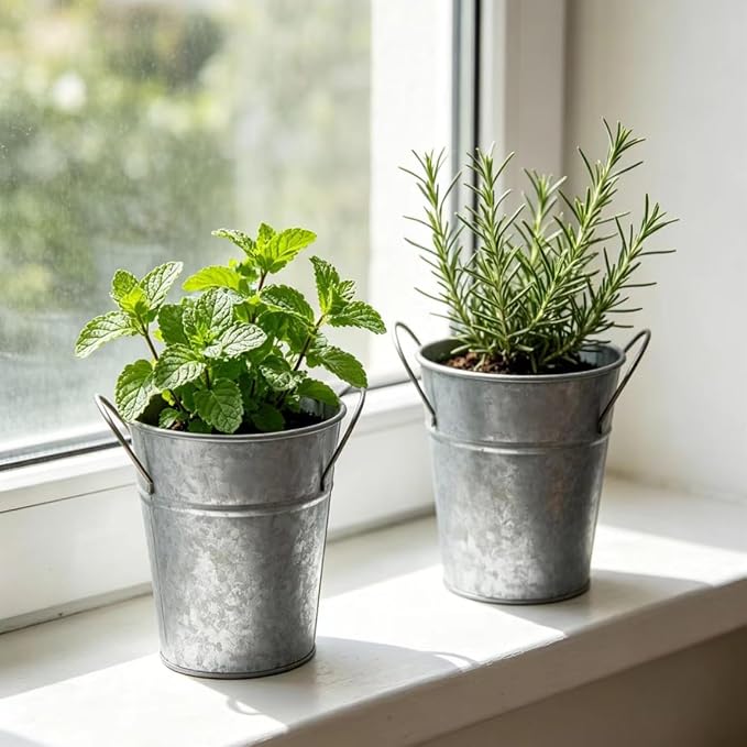 Hosley Set of 2 Galvanized Finish Bucket Vase with PVC Liner 5" Dia x 7" H, Ideal Gift for Floral Arrangements Wedding Home Office Party DIY Indoor Outdoor Garden Patio