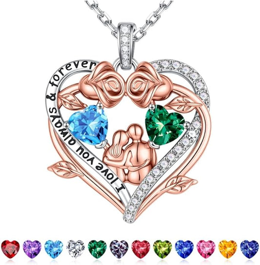 Iefil Valentines Gifts for Her Wife - 925 Sterling Silver Double Heart Birthstone Necklace, Anniversary Birthday Gifts for Women Wife Girlfriend