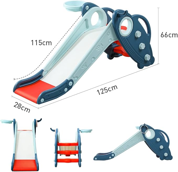 Onasti Kids Slide for Toddlers Age 1-3 Indoor Baby Plastic Slide Outdoor Climber Freestanding Playset with Basketball Hoop & Ring Game Blue