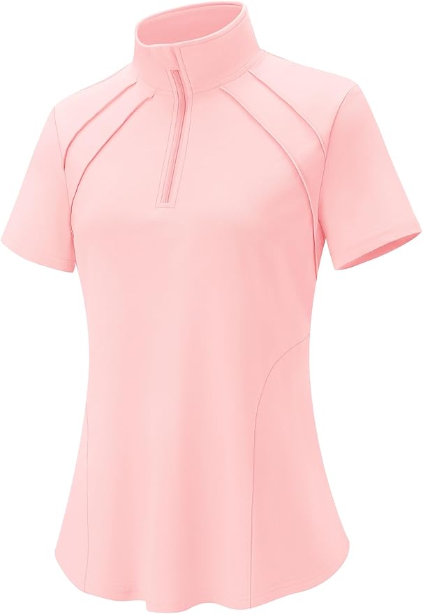 LOMON Womens Golf Polo Shirt Summer Short Sleeve Quarter Zip Outfit | Side-Pockets,Princess Seams,Cotton,Wrinkle Free,Moisture Wicking,Quick-Dry,Lightweight,Collared,for Tennis Workout