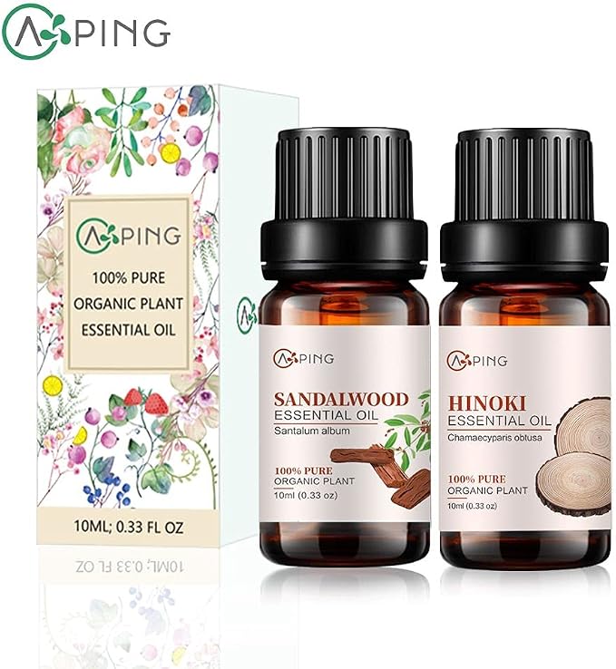 Sandalwood & Hinoki Essential Oils - 100% Pure Organic Natural Plant Oils for Diffuser, Aroma, Spa, Massage, Yoga, Perfume, 2x10ML