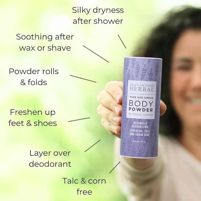 Talc Free Body Dusting Powder for Women, Lavender Clary Sage Vetiver Essential Oils, Cornstarch Free Arrowroot Talcum Powder, Waxing Bath Sugaring Powder, Ora’s Amazing Herbal, Blissful Earth 2.5 oz