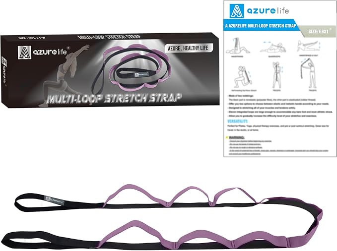 A AZURELIFE Half-Elastic Stretch Straps with 11 Loops, Stretching Strap for Physical Therapy, Multi-Loop Yoga Strap Fitness Exercise Strap for Yoga, Pilates, Dance, Flexibility&Exercise