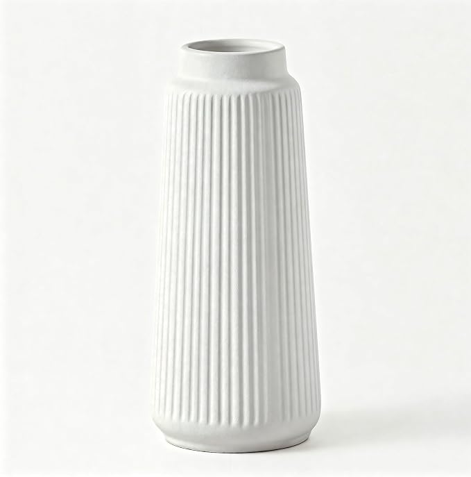 White Ceramic Vase, 8 Inch Conical Flower Vase for Pampas Grass, Modern Minimalist Ribbed Decorative Vase for Living Room Table, Shelf Decor