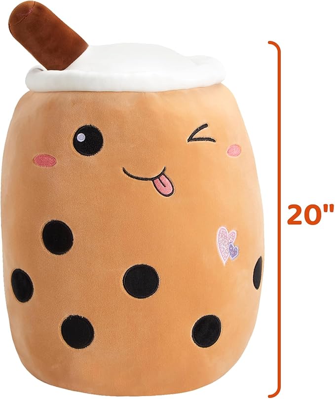 Athoinsu Cute Boba Milk Tea Plush Pillow 20'' Giant Chocolate Kawaii Stuffed Bubble Animal Toy Birthday Christmas Holiday Valentines Gifts for Kids, Girls, Boys