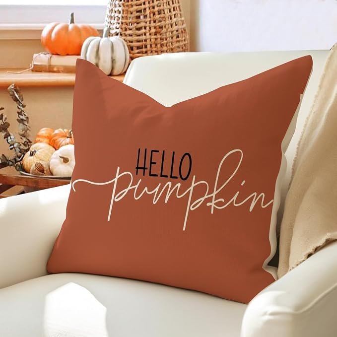 RABUSOFA Fall Pillow Covers 16x16 Inch,Rust Autumn Hello Pumpkin Pillows Decorative Throw Pillows,Outdoor Thanksgiving Cushion Cover Farmhosue Fall Decor for Bedroom Couch Sofa Rust