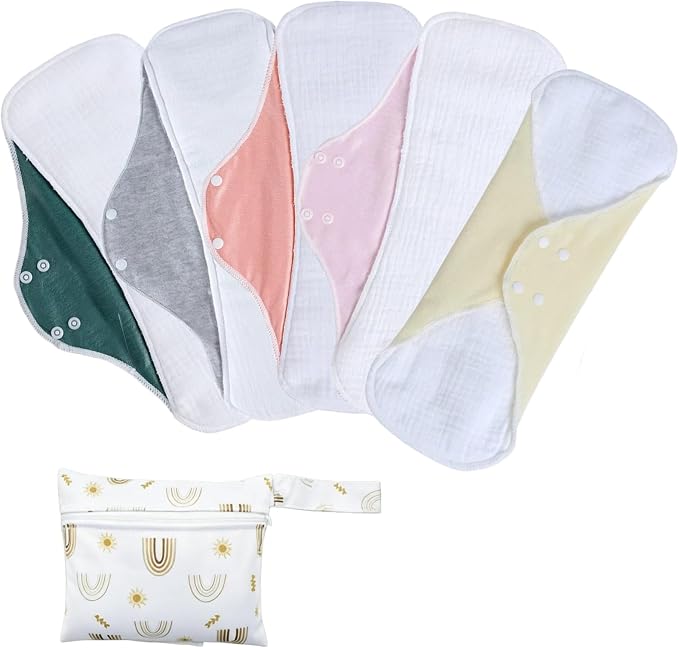 Washable Menstrual Pads,Reusable Incontinence Pads,Cloth Pads Sanitary Napkins,with 1 Storage Bag,Panty Liners/Cotton Pads Period for Women/Postpartum/Incontinence Patients(Colorful/L/5pcs)
