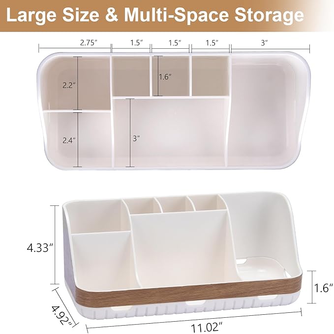 GFWARE Bathroom Countertop Organizer - Detachable 7 Slots Kids Electric Toothbrush and Toothpaste Holde Drainage for Bathroom Accessories Organization Counter Vanity Storage, Woodgrain