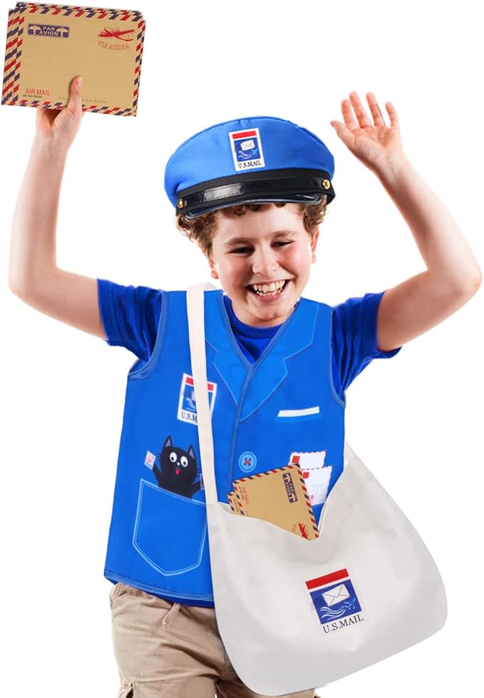 Kids Mailman Costume Mail Carrier Hat Mr. Postman Canvas Bag Vest Envelopes For Halloween Career Day Postal Costume