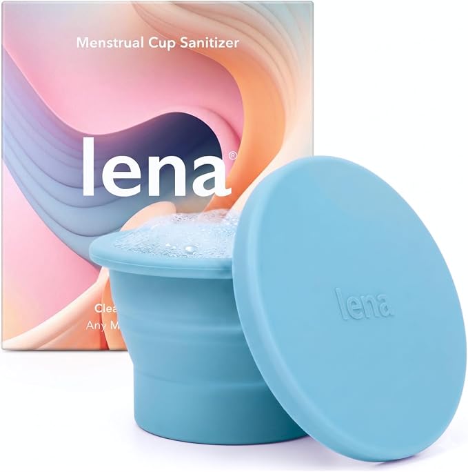 Lena Menstrual Cup Cleaner Case & Period Disc Sanitizer, Home and Travel Size Feminine Wash, Period Essentials for Women, Microwavable, Compact & Collapsible Silicone Container, Light Blue