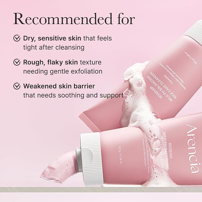 ARENCIA Rosehip Rice Cake Cleanser, pH Balancing Face Wash with Ceramide for Sensitive Skin, 150ml / 5.07 fl oz