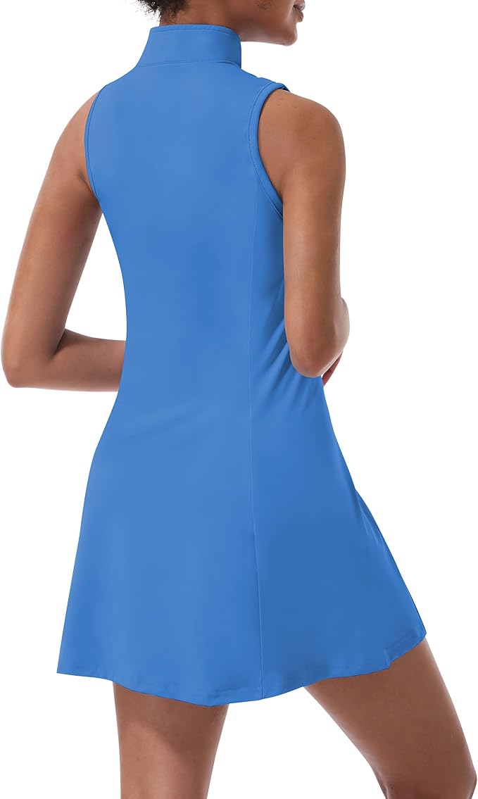 Tennis Dress for Women, Golf Dress with Shorts and Pockets Athletic Dress | Sleeveless Collared Half-Zipper Workout Sport Dress, Stretch Moisture Wicking Fabric, Tennis Golf Outfits
