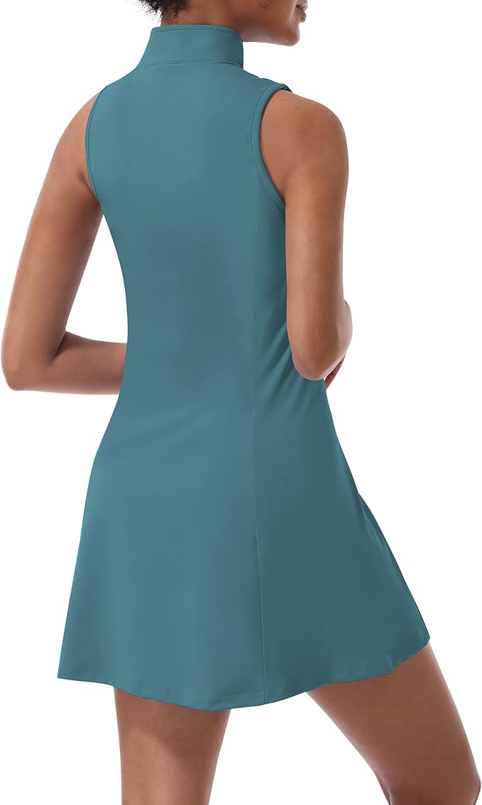 Tennis Dress for Women, Golf Dress with Shorts and Pockets Athletic Dress | Sleeveless Collared Half-Zipper Workout Sport Dress, Stretch Moisture Wicking Fabric, Tennis Golf Outfits