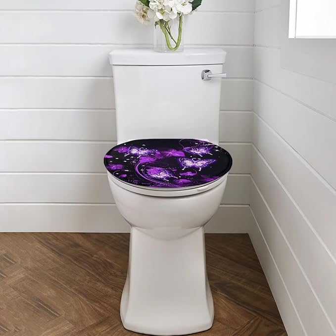 Purple Butterfly Toilet Seat Cover Elongated for Bathroom Neon Butterfly Oval Toilet Seat Cover with Elastic Band Bathroom Butterflies Dust Cover Replacement,Easy to Clean