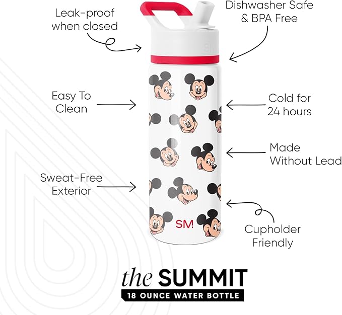 Simple Modern Kids Summit Water Bottle with Straw Lid | Disney Mickey Mouse 18oz Stainless Steel Cup Insulated Tumbler for Boys, Girls, School | Mickey Mouse Fun