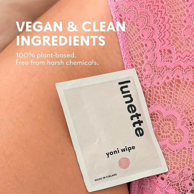 Lunette Yoni Intimate Wipes – pH‑balanced Feminine Wipes, 20 Pack | For Sensitive Skin, Fragrance‑Free, Individually Wrapped, Vegan, Travel-Friendly, Compostable, Made in Finland